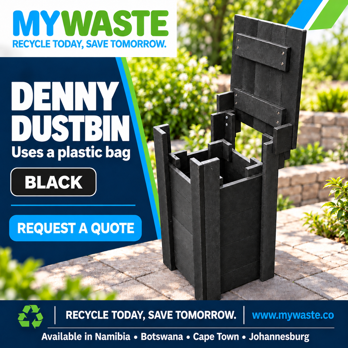 MYWASTE Denny Dustbin in Black. Uses a plastic bag.