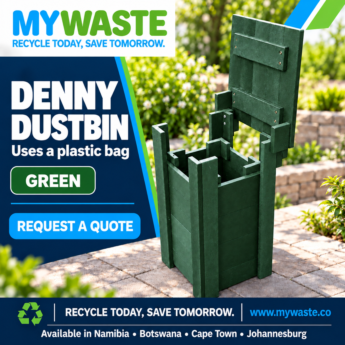 MYWASTE Denny Dustbin in Green. Uses a plastic bag.
