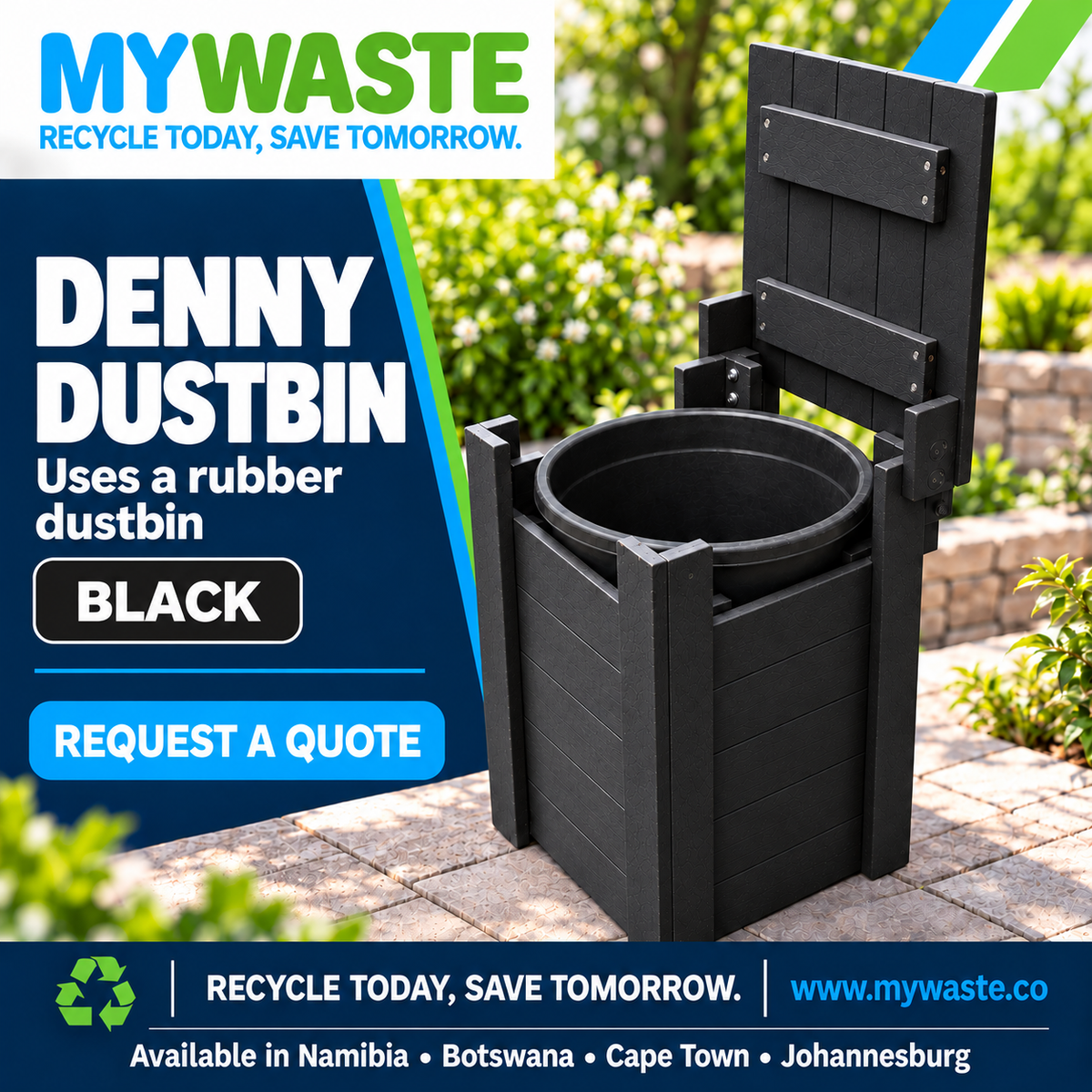 MYWASTE Denny Dustbin in Black. Uses a rubber dustbin.
