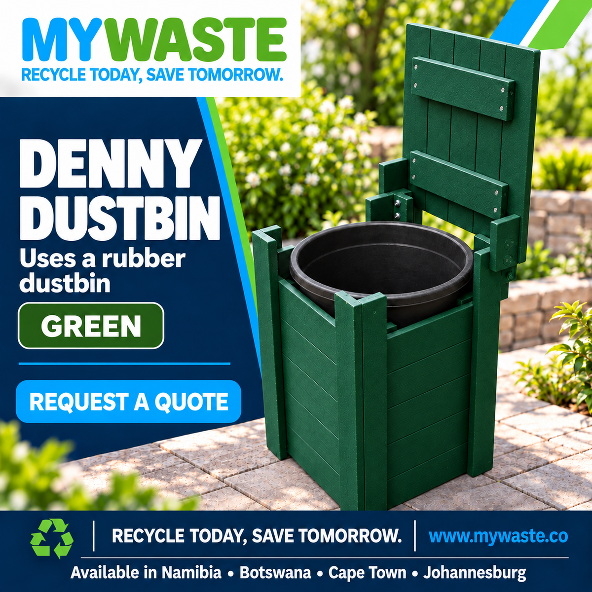 MYWASTE Denny Dustbin in Green. Uses a rubber dustbin.