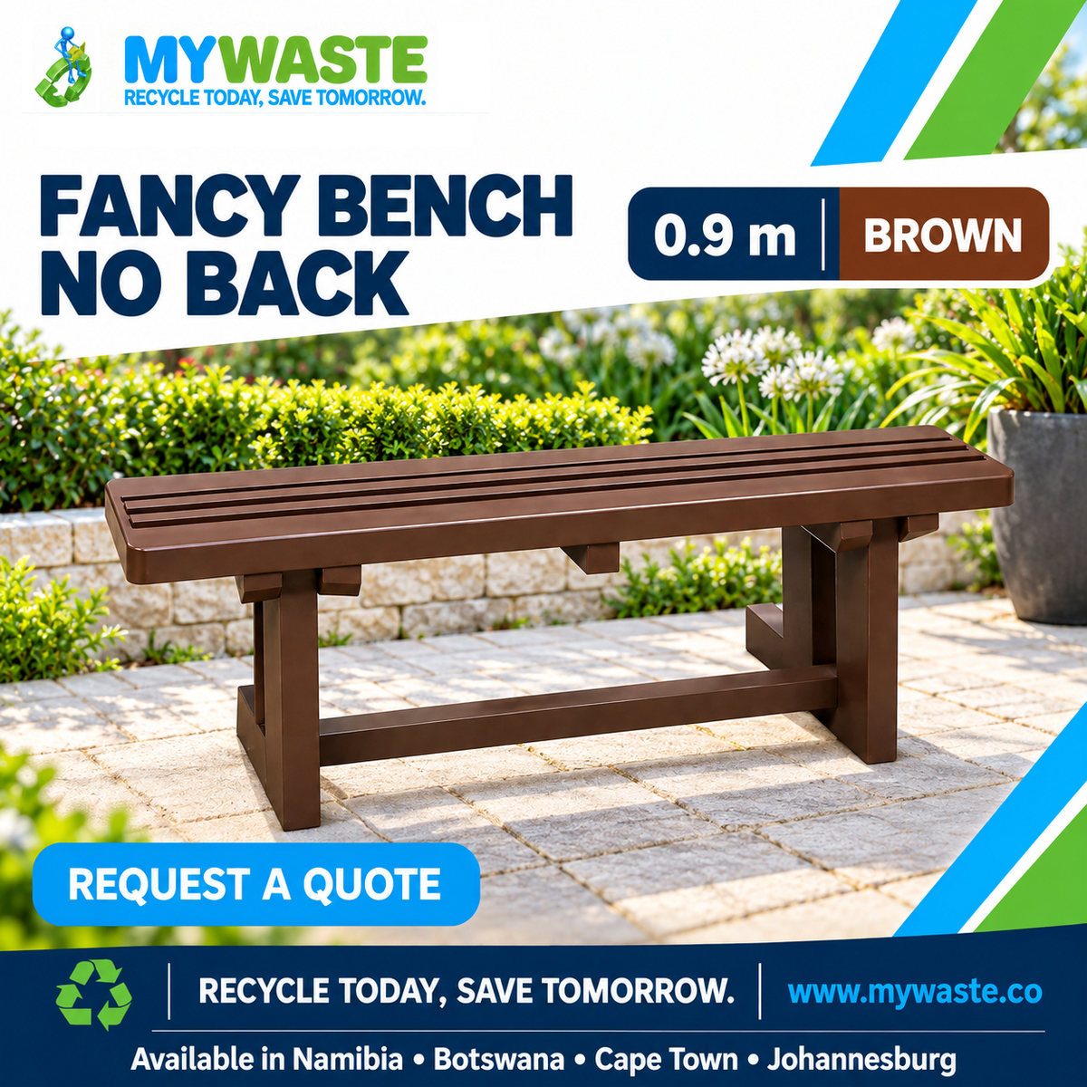 MYWASTE 0.9m Brown Fancy Bench No Back in recycled plastic