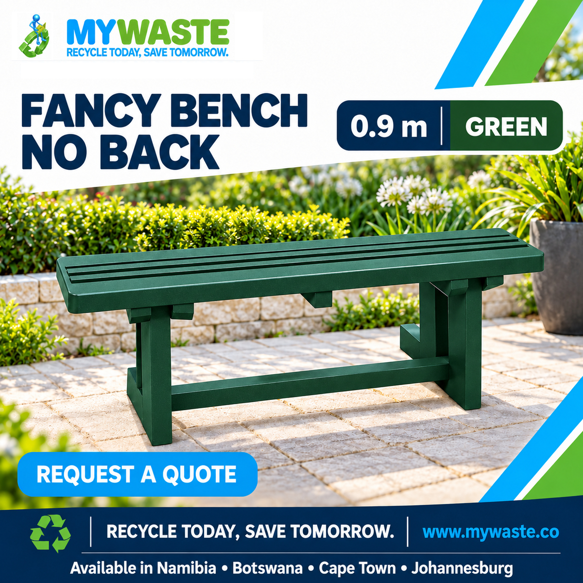 MYWASTE 0.9m Green Fancy Bench No Back in recycled plastic