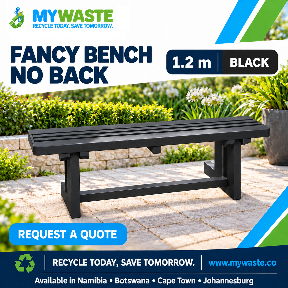 MYWASTE 1.2m Black Fancy Bench No Back in recycled plastic