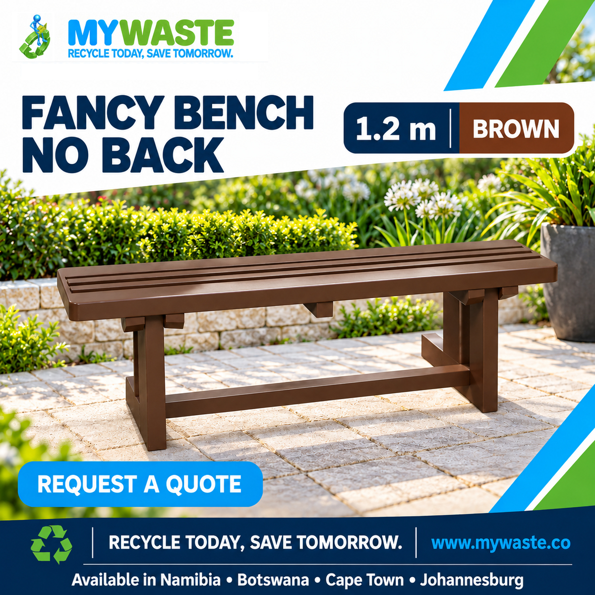 MYWASTE 1.2m Brown Fancy Bench No Back in recycled plastic
