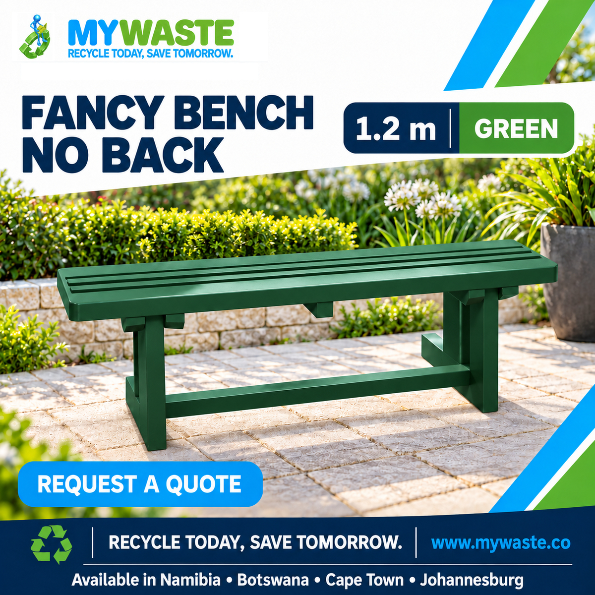 MYWASTE 1.2m Green Fancy Bench No Back in recycled plastic