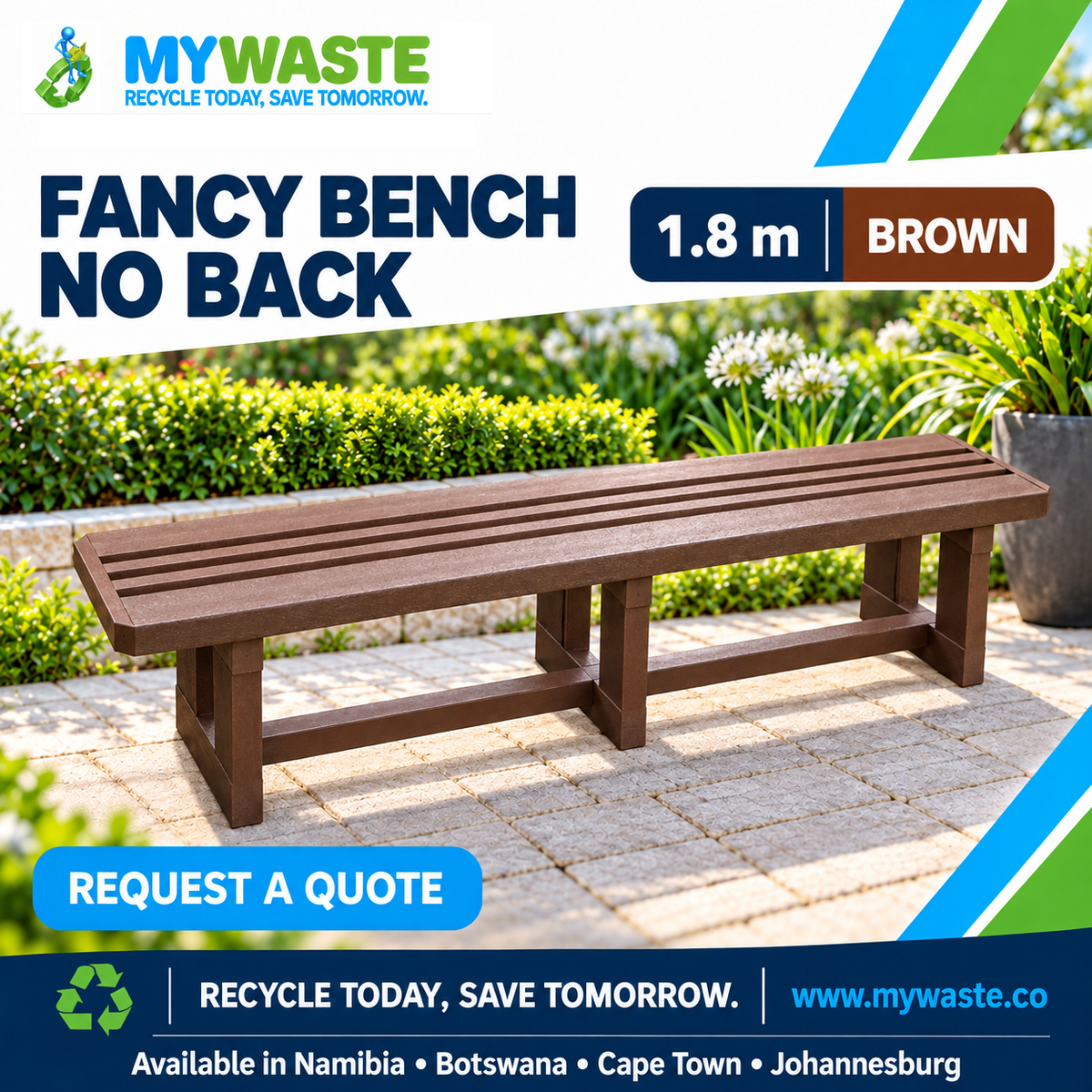 MYWASTE 1.8m Brown Fancy Bench No Back in recycled plastic
