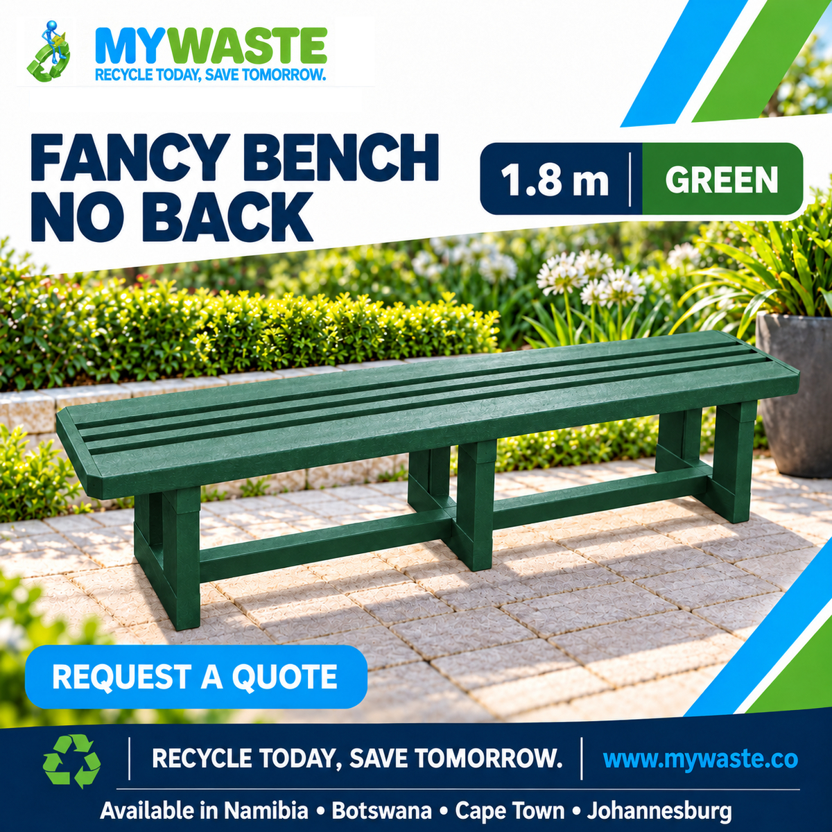MYWASTE 1.8m Green Fancy Bench No Back in recycled plastic