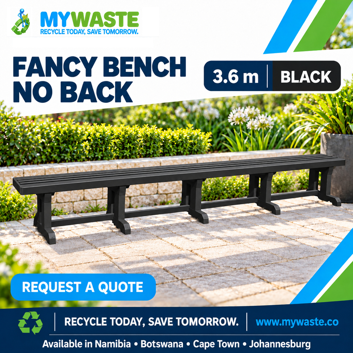 MYWASTE 3.6m Black Fancy Bench No Back in recycled plastic