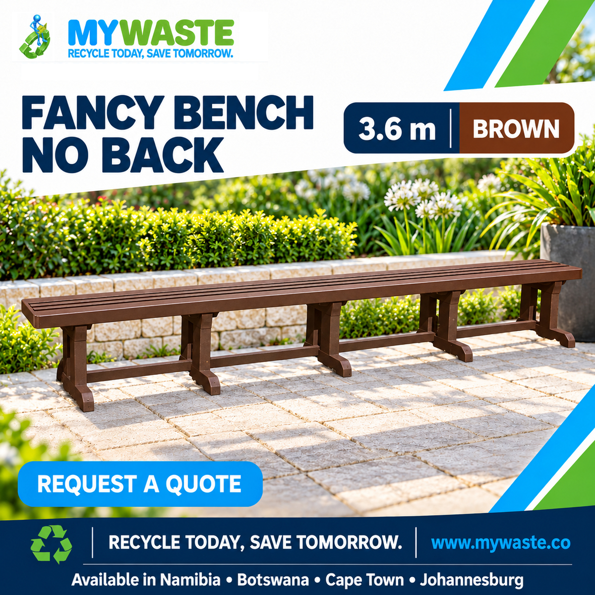MYWASTE 3.6m Brown Fancy Bench No Back in recycled plastic