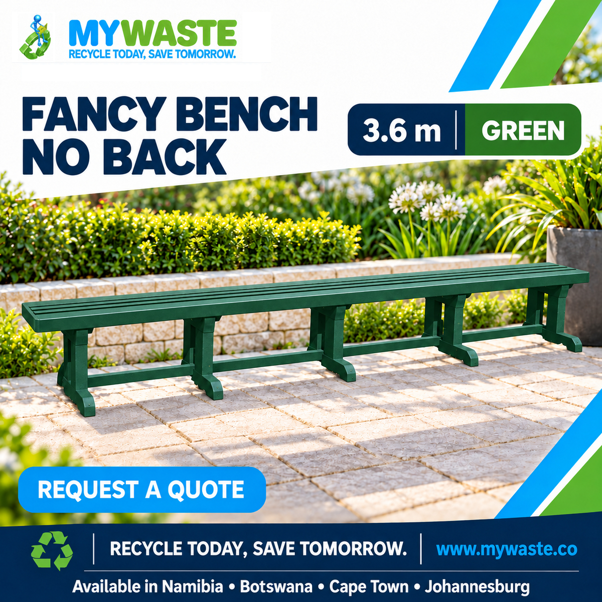 MYWASTE 3.6m Green Fancy Bench No Back in recycled plastic
