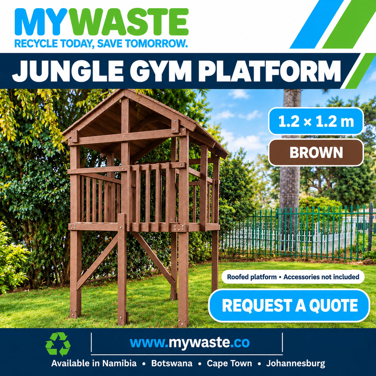 MYWASTE brown roofed jungle gym platform, 1.2 x 1.2m