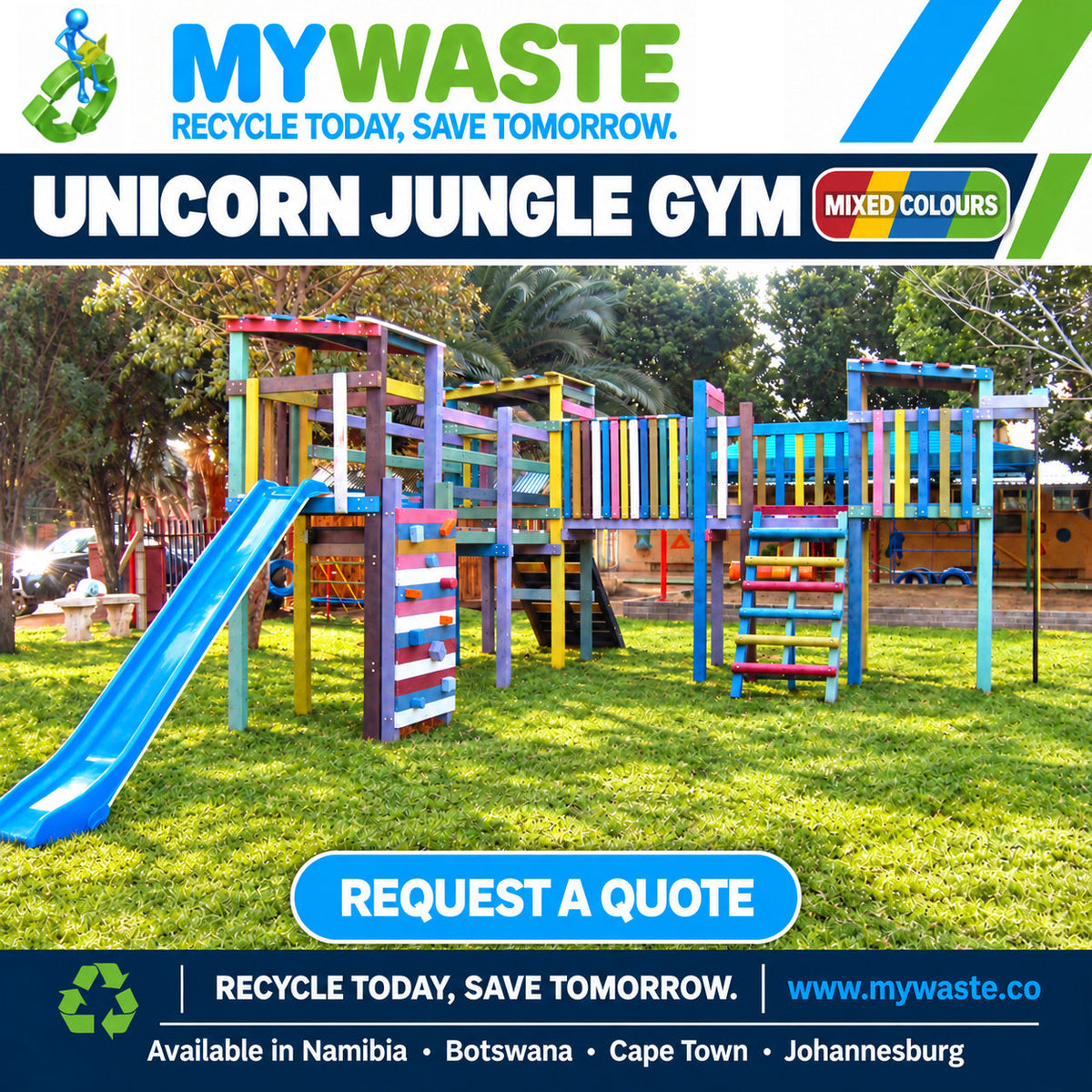 MYWASTE Unicorn Jungle Gym, Mixed Colours, installation photograph with edited natural grass and header colour badge