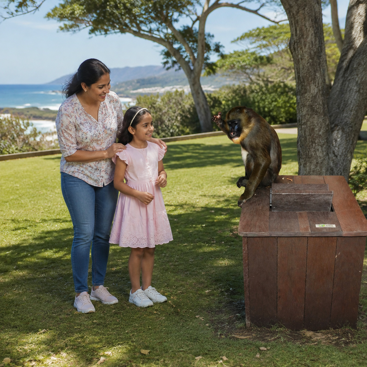 A mother and daughter enjoying a clean coastal park beside a monkey proof bin