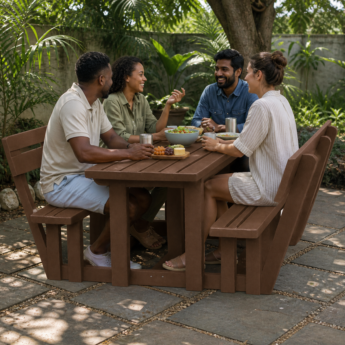 A diverse group of friends sharing lunch at a recycled plastic picnic table
