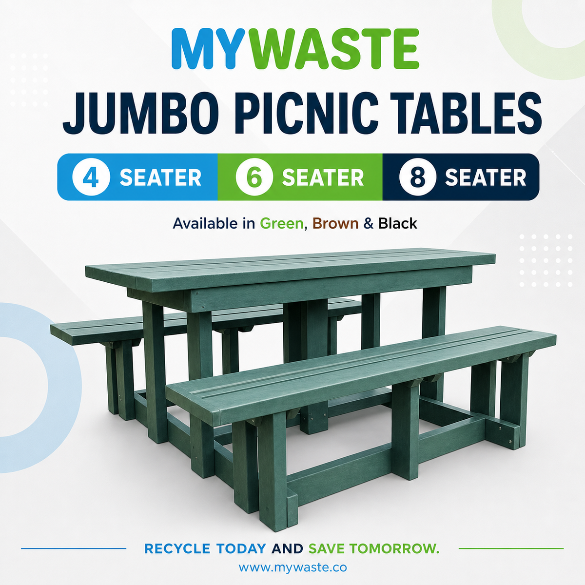 MYWASTE Jumbo Picnic Tables – 4, 6 and 8 seater range, available in green, brown and black