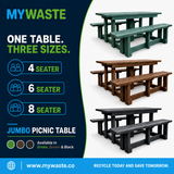 MYWASTE Jumbo Picnic Table – one table, three sizes, available in green, brown and black