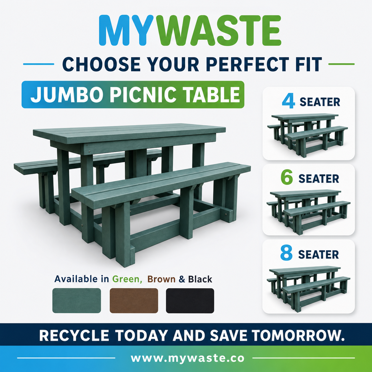 MYWASTE Jumbo Picnic Table – choose 4, 6 or 8 seater, available in green, brown and black
