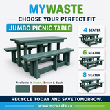 MYWASTE Jumbo Picnic Table – choose 4, 6 or 8 seater, available in green, brown and black