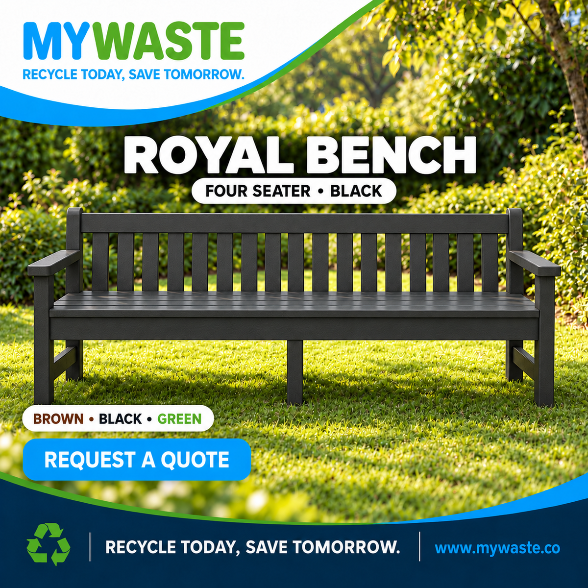 MYWASTE Royal Bench Four Seater black, front-on view with centred support. Brown, Black and Green. Request a quote.