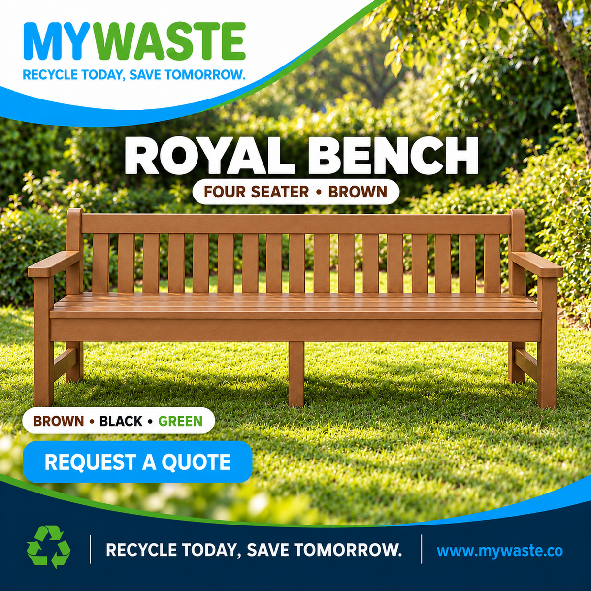 MYWASTE Royal Bench Four Seater brown, front-on view with centred support. Brown, Black and Green. Request a quote.