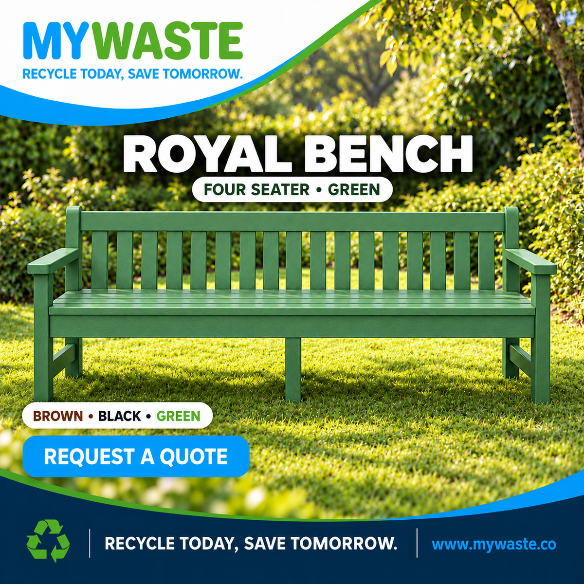 MYWASTE Royal Bench Four Seater green, front-on view with centred support. Brown, Black and Green. Request a quote.