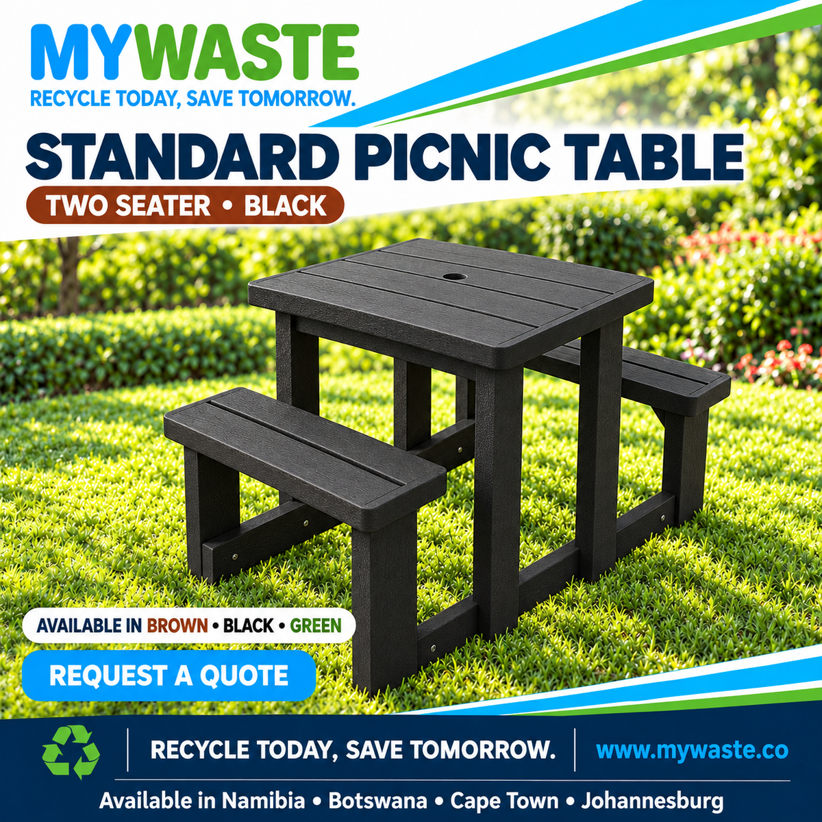 MYWASTE Standard Picnic Table, 2 Seater / Black. Available in Namibia, Botswana, Cape Town and Johannesburg.