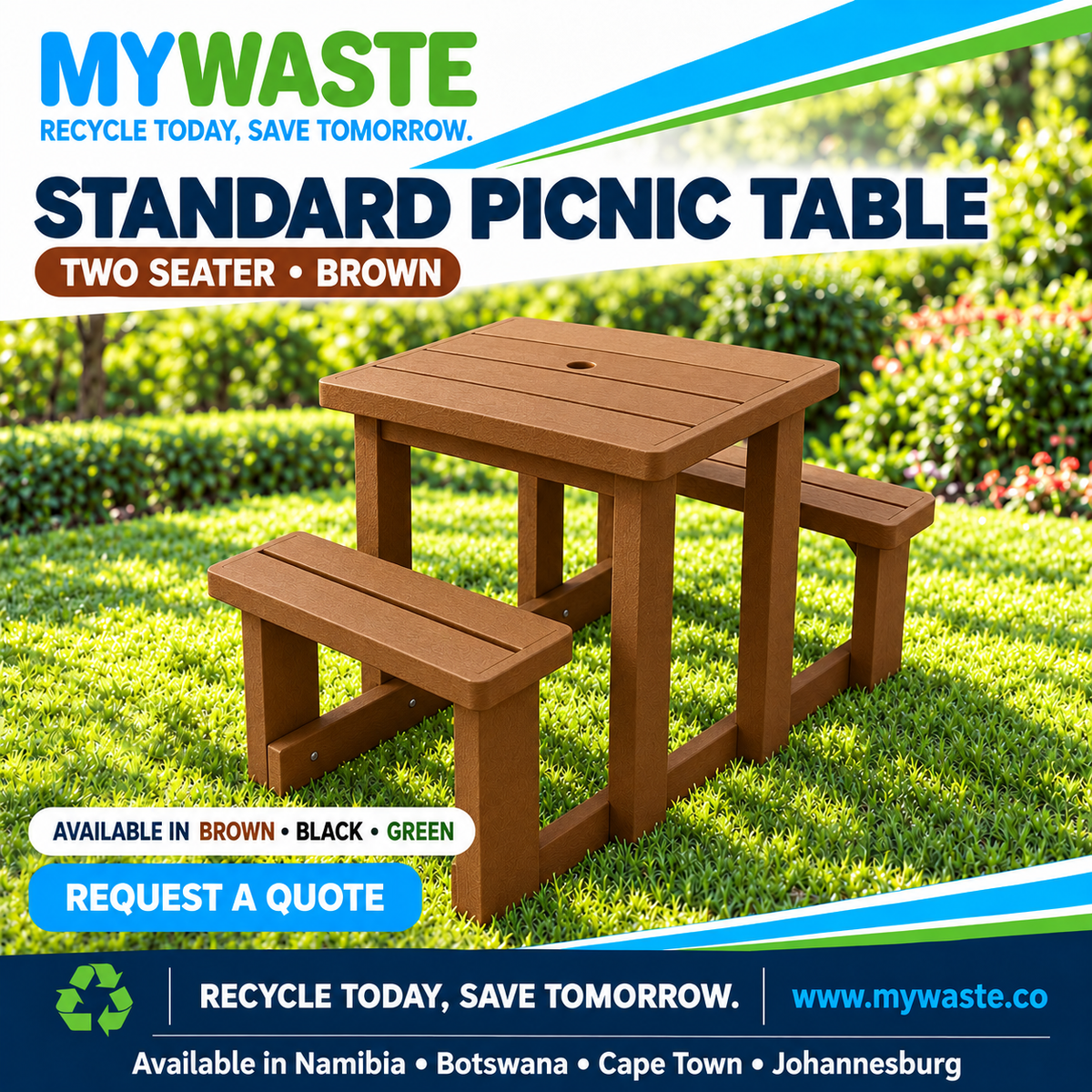 MYWASTE Standard Picnic Table, 2 Seater / Brown. Available in Namibia, Botswana, Cape Town and Johannesburg.