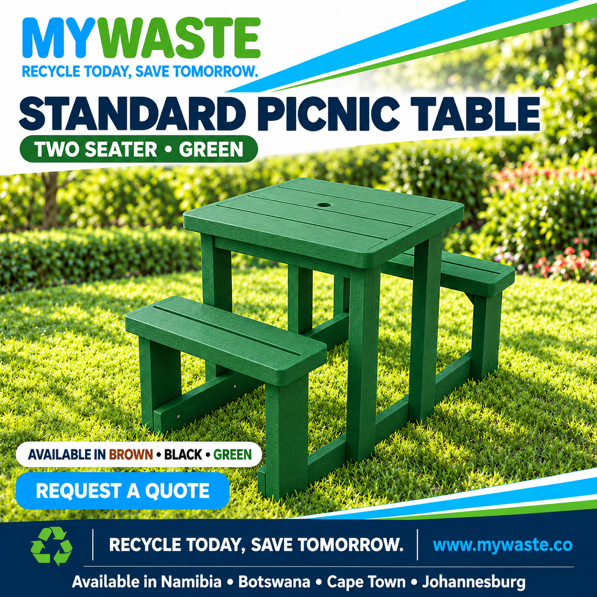 MYWASTE Standard Picnic Table, 2 Seater / Green. Available in Namibia, Botswana, Cape Town and Johannesburg.