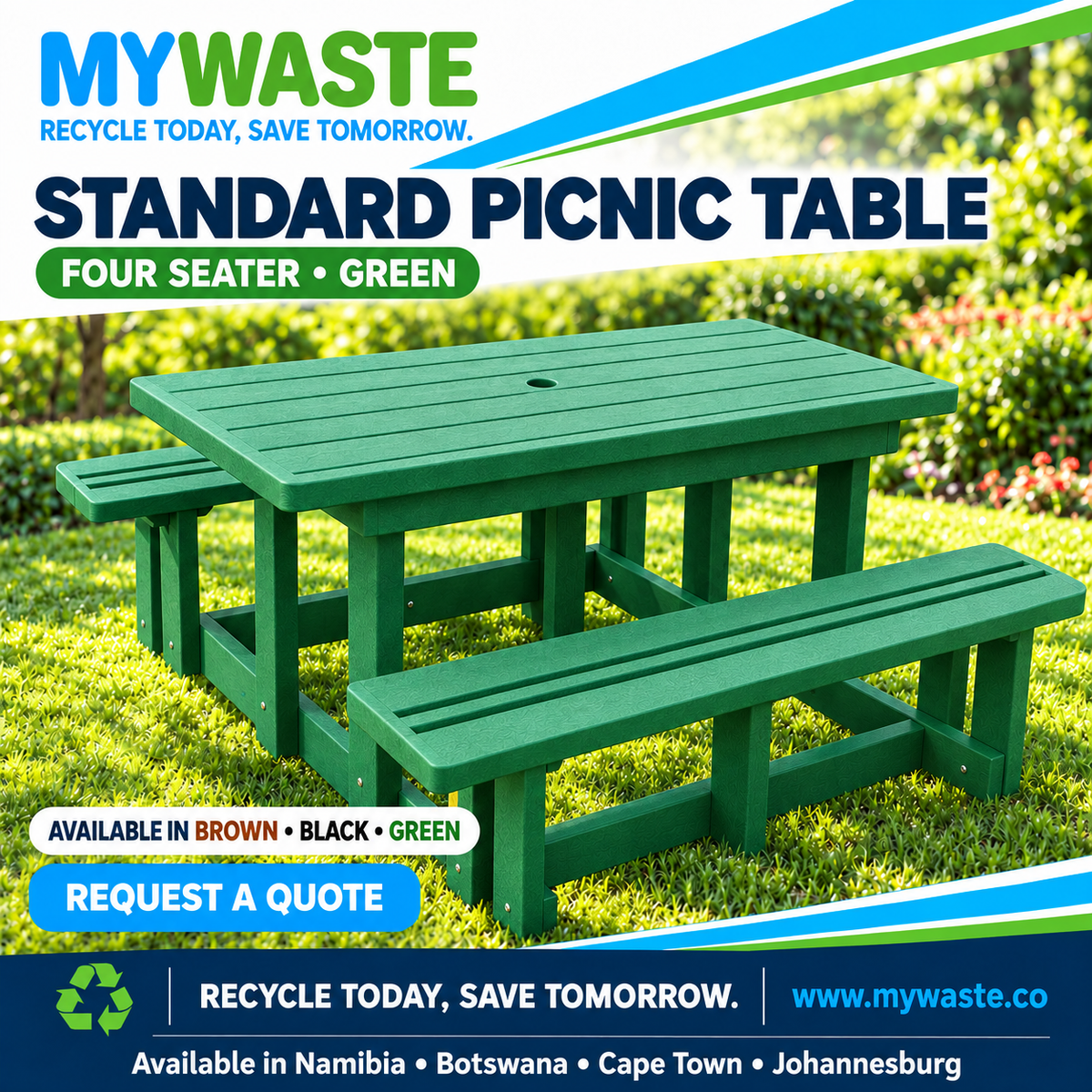 MYWASTE Standard Picnic Table, 4 Seater / Green. Available in Namibia, Botswana, Cape Town and Johannesburg.