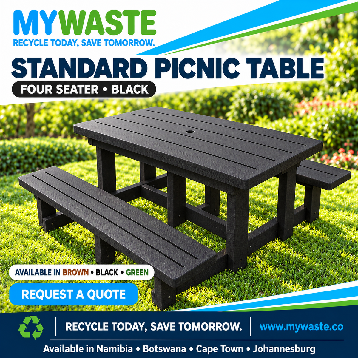 MYWASTE Standard Picnic Table, 4 Seater / Black. Available in Namibia, Botswana, Cape Town and Johannesburg.