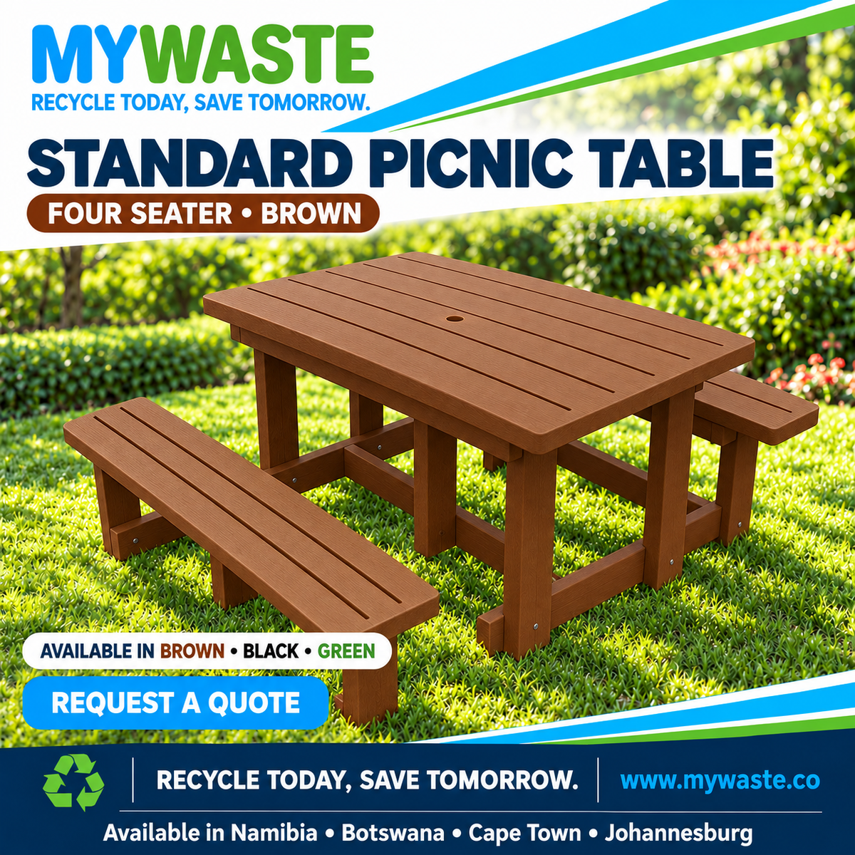MYWASTE Standard Picnic Table, 4 Seater / Brown. Available in Namibia, Botswana, Cape Town and Johannesburg.
