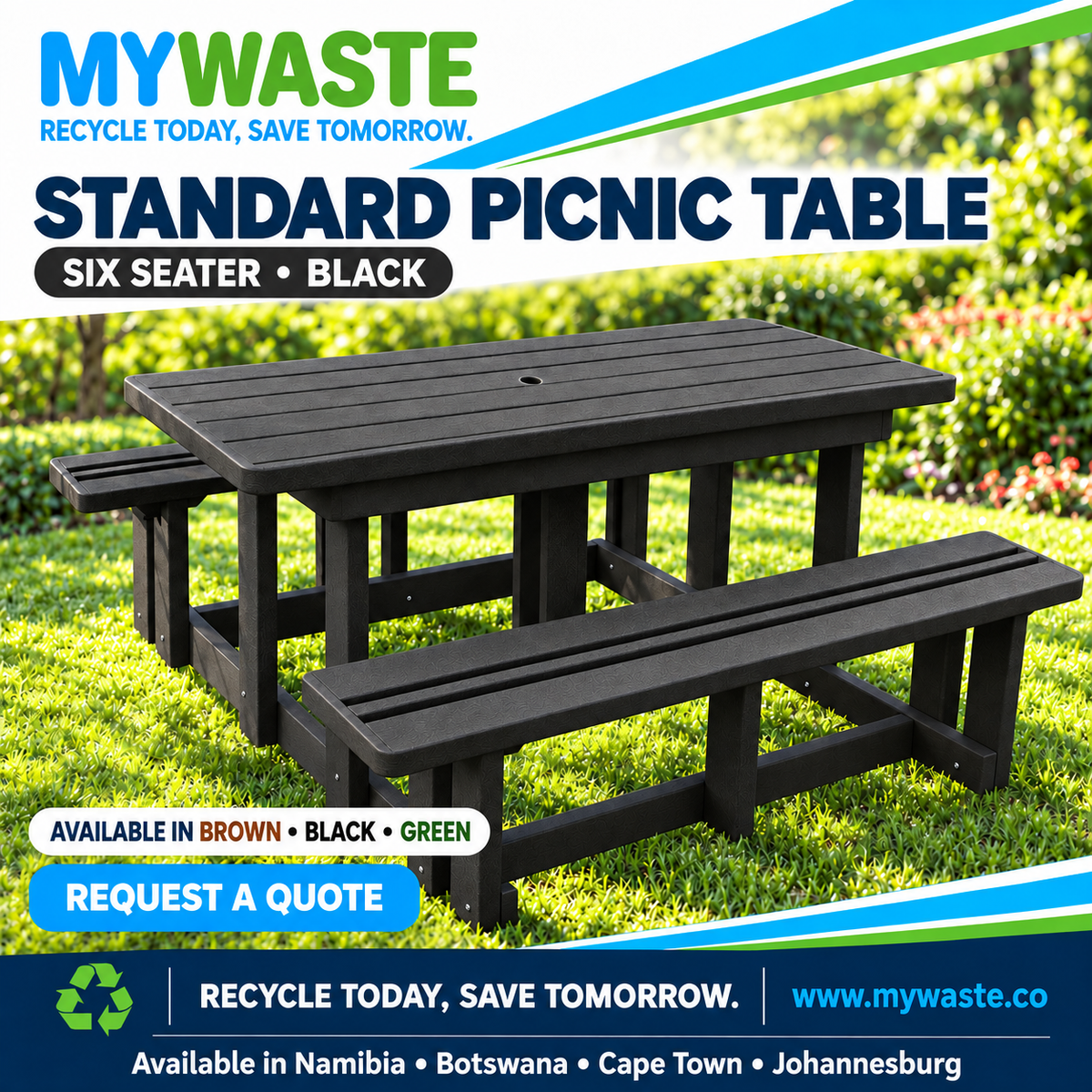 MYWASTE Standard Picnic Table, 6 Seater / Black. Available in Namibia, Botswana, Cape Town and Johannesburg.