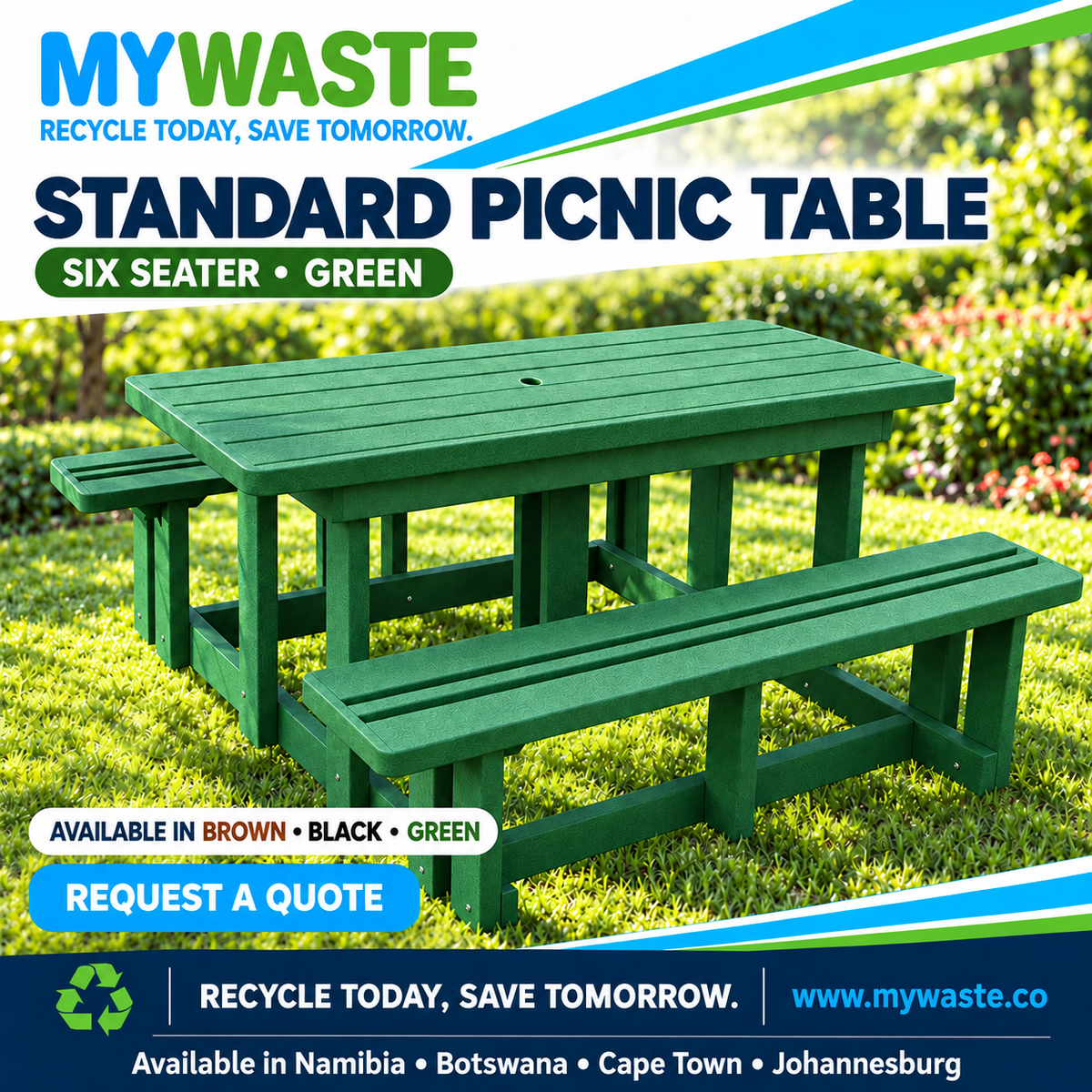 MYWASTE Standard Picnic Table, 6 Seater / Green. Available in Namibia, Botswana, Cape Town and Johannesburg.