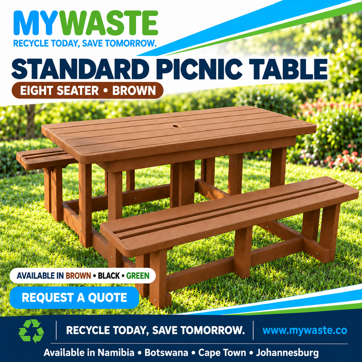 MYWASTE Standard Picnic Table, 8 Seater / Brown. Available in Namibia, Botswana, Cape Town and Johannesburg.