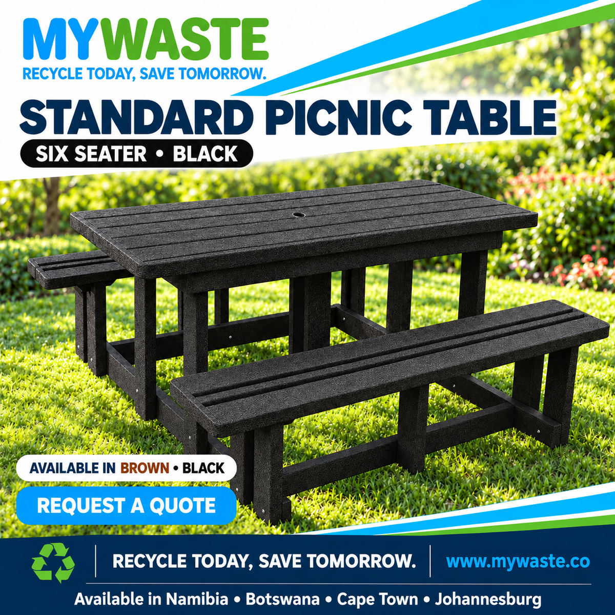 MYWASTE Standard Picnic Table, six seater in black. Available in Namibia, Botswana, Cape Town and Johannesburg.