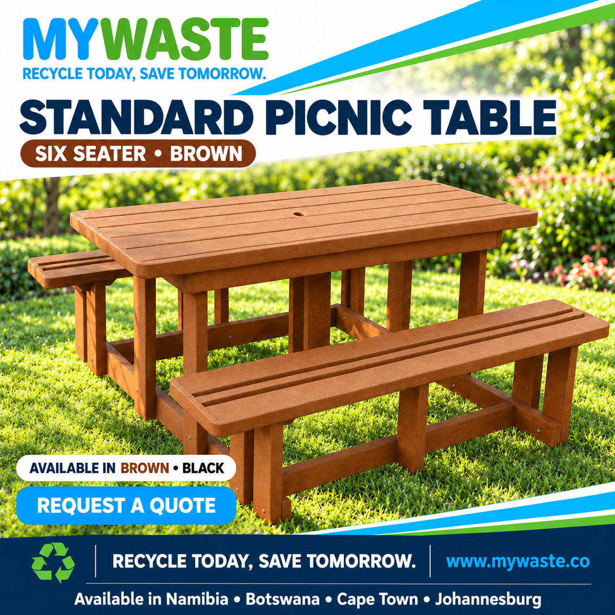 MYWASTE Standard Picnic Table, six seater in brown. Available in Namibia, Botswana, Cape Town and Johannesburg.