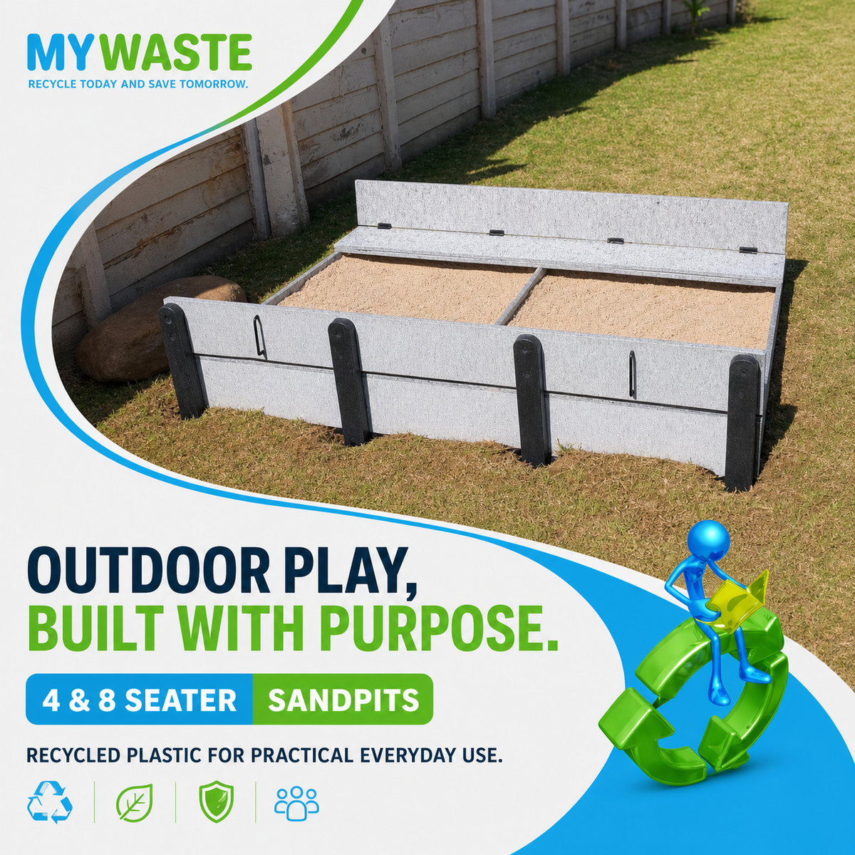 MYWASTE 4 and 8 seater recycled-plastic sandpits for outdoor play