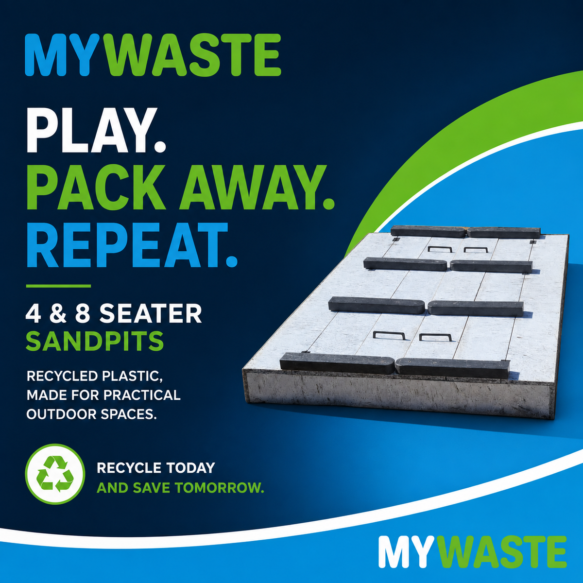 MYWASTE 4 and 8 seater recycled-plastic sandpits shown closed
