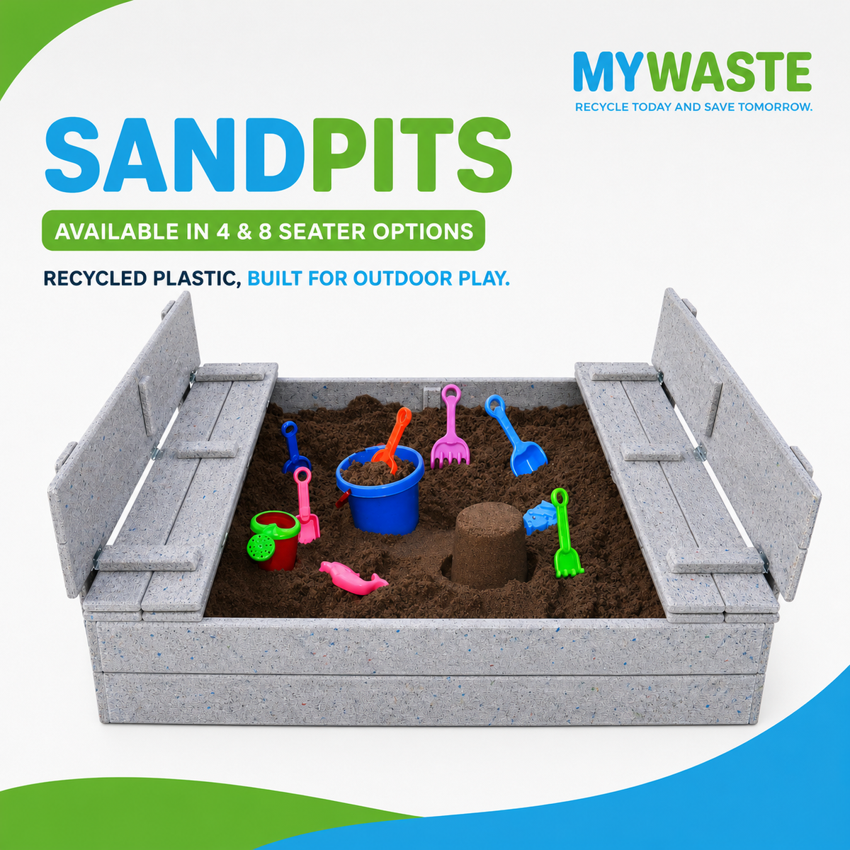 MYWASTE recycled-plastic sandpits available in 4 and 8 seater options